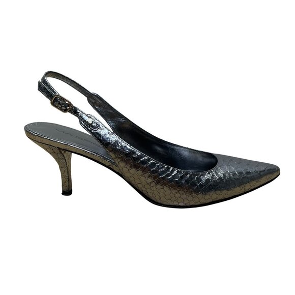 Via Spiga Women’s Metallic Silver Snake Print Slingback V Glades Heels Size 8M - Picture 1 of 10